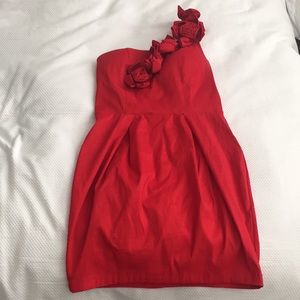 Red one shoulder dress with flowers